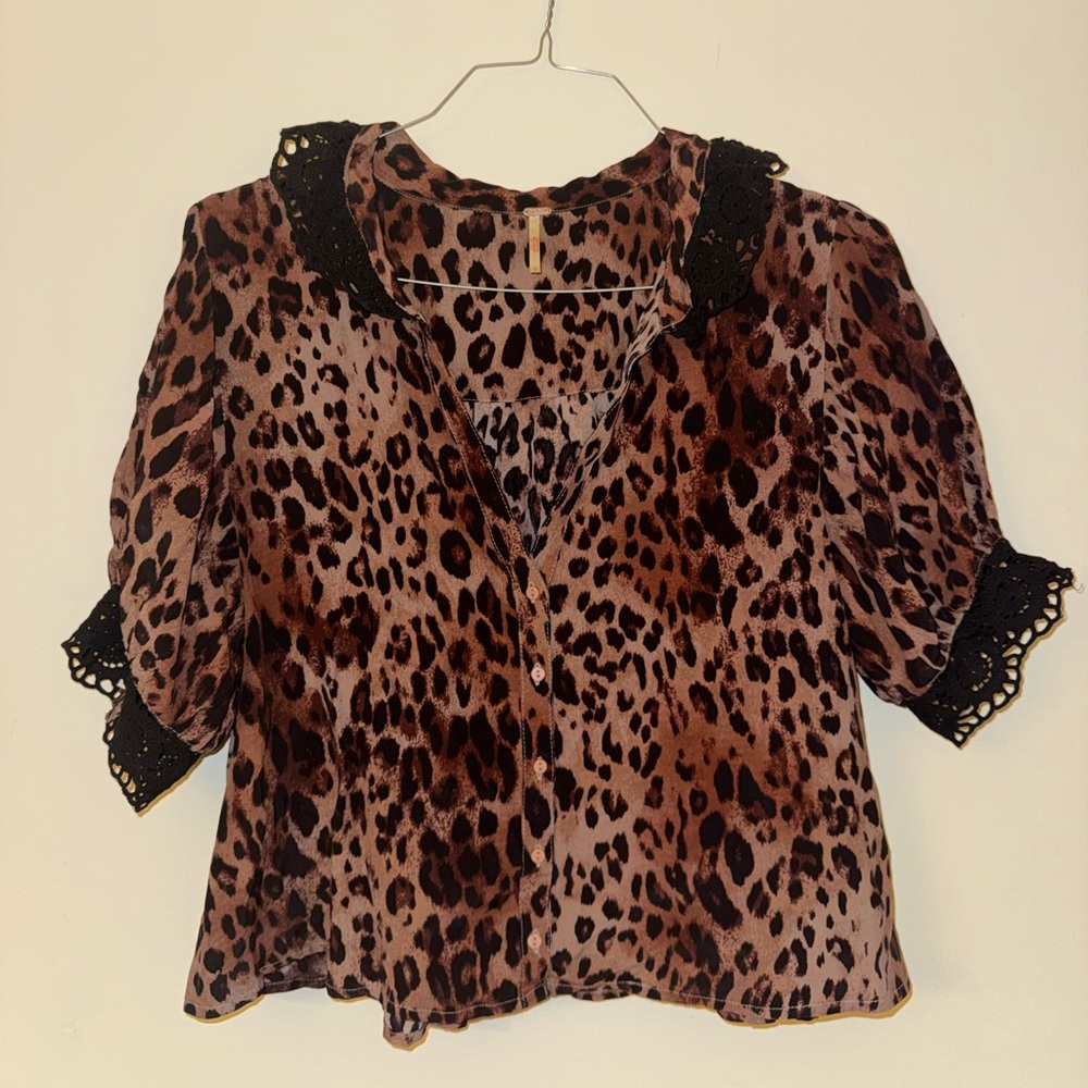 Free People Leopard Print Blouse with Black Lace